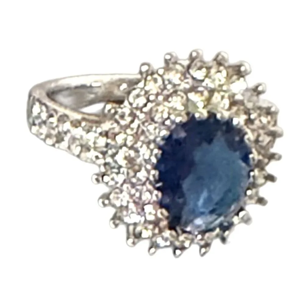 Synthetic Blue Sapphire Halo Ring Silver Tone Oval Crystal Size: 8.5